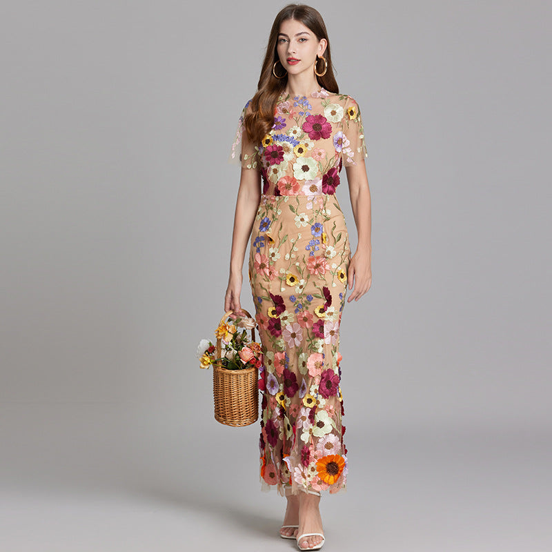 Women’s Short Sleeve Sheer Dress with Floral Embroidery