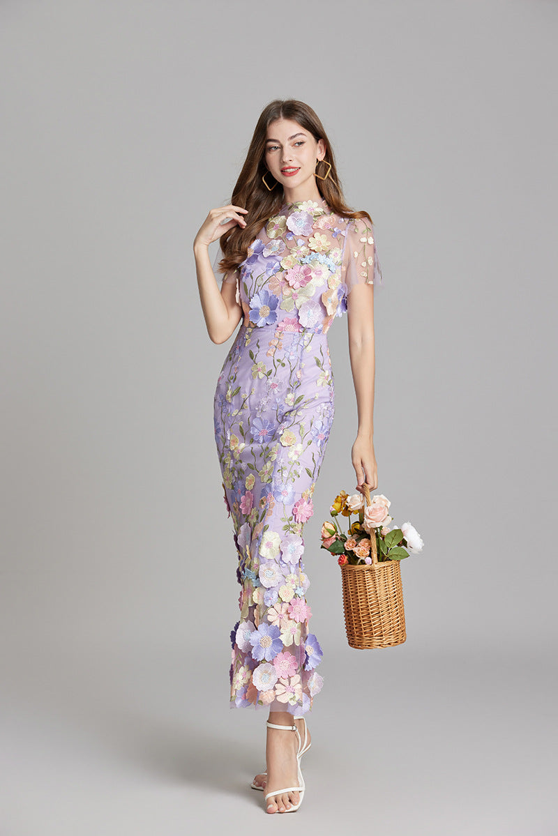 Women’s Short Sleeve Sheer Dress with Floral Embroidery