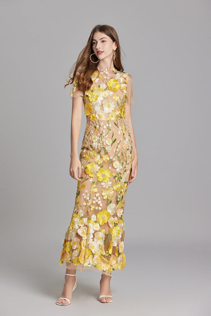 Women’s Short Sleeve Sheer Dress with Floral Embroidery