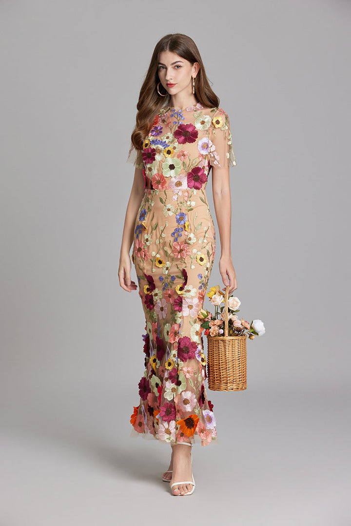 Women’s Short Sleeve Sheer Dress with Floral Embroidery