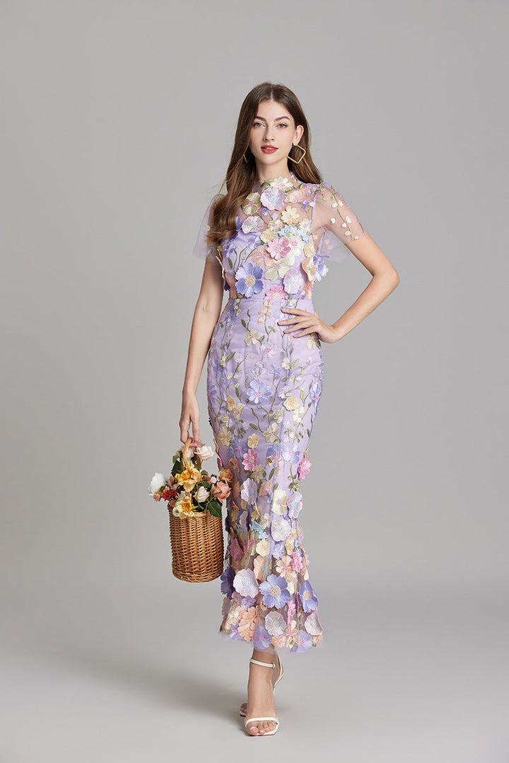 Women’s Short Sleeve Sheer Dress with Floral Embroidery