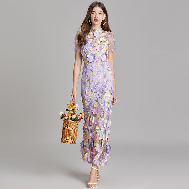 Women’s Short Sleeve Sheer Dress with Floral Embroidery
