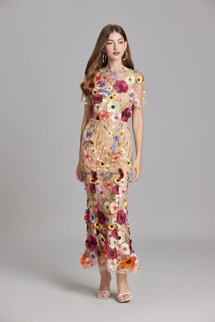 Women’s Short Sleeve Sheer Dress with Floral Embroidery