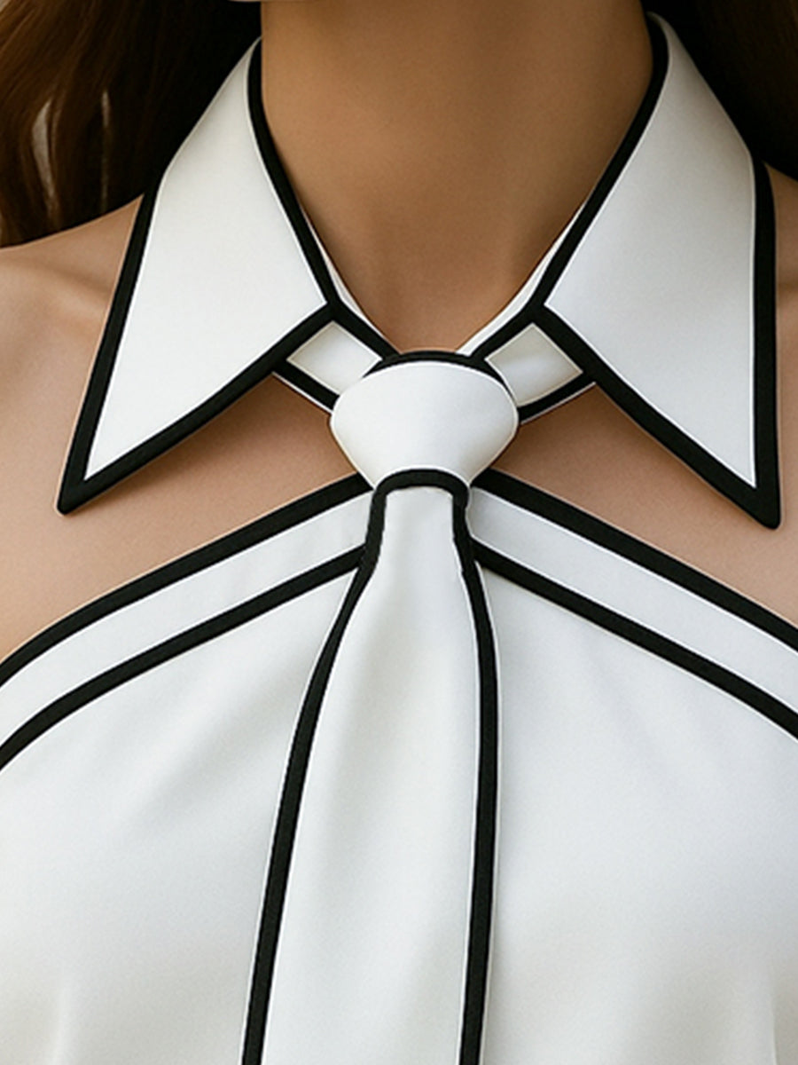 Women’s Sleeveless Blouse with Pointed Collar and Front Tie Panel