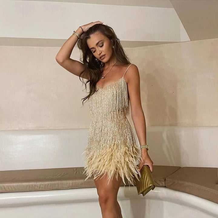 Women’s Summer Evening Mini Dress with Sequined Fabric