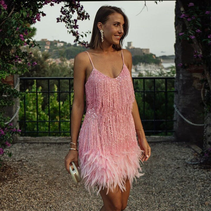 Women’s Summer Evening Mini Dress with Sequined Fabric