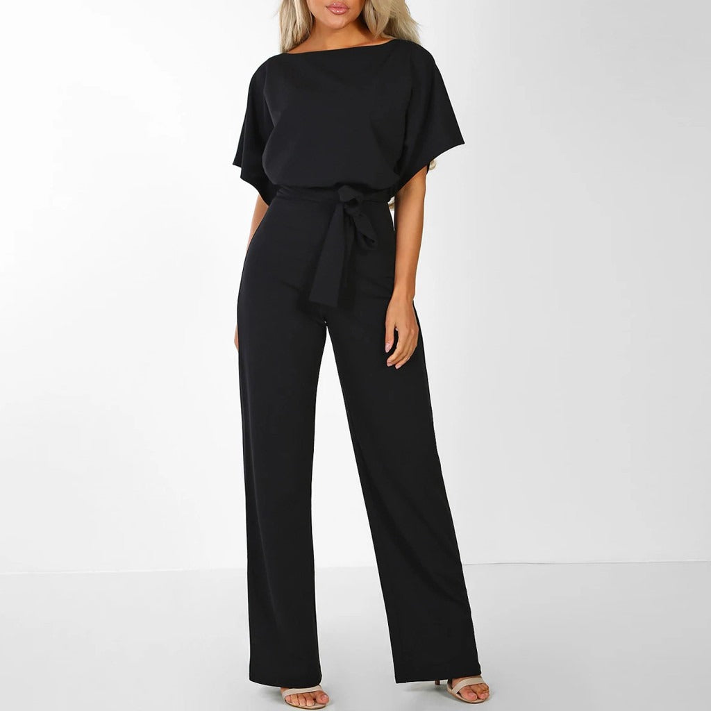 Women’s Summer Jumpsuit with Boat Neck and Waist Belt