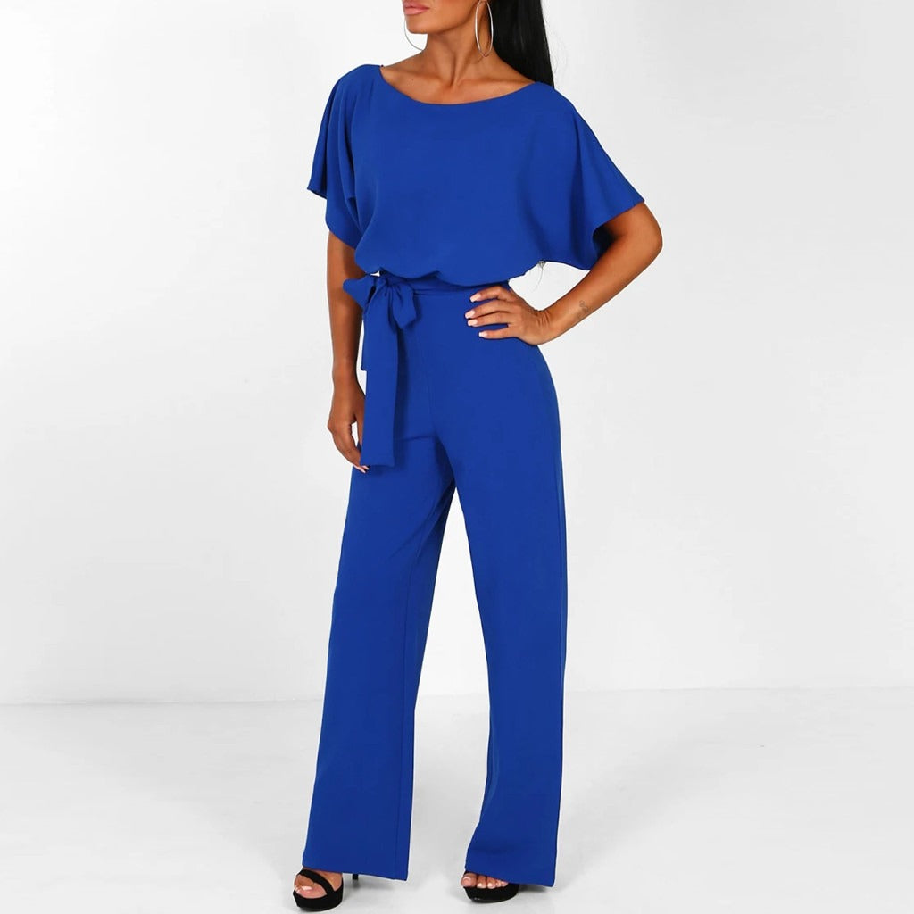 Women’s Summer Jumpsuit with Boat Neck and Waist Belt