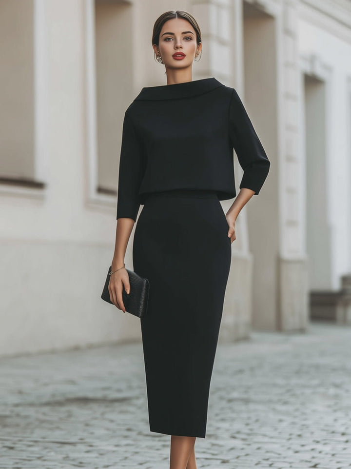 Women’s Top and Midi Skirt Set with Boat Neckline