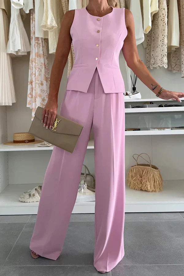 Women’s Two-Piece Set with Button Front Top and Full-Length Pants