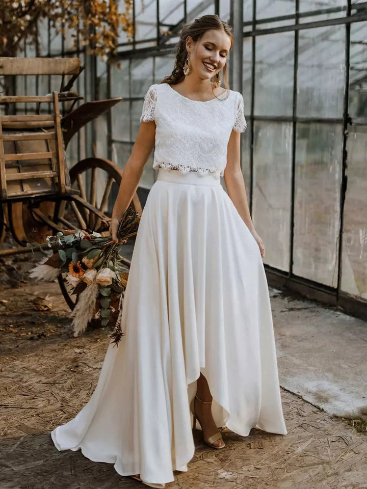 Women’s Two-Piece Set with Short Sleeve Top and Asymmetrical Hem Skirt