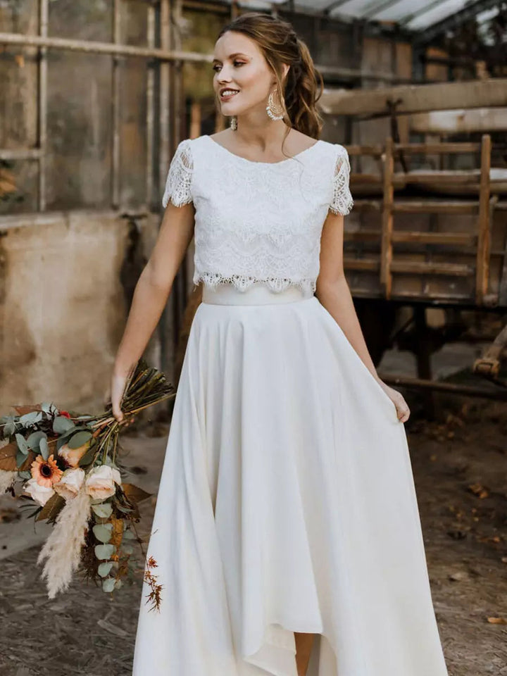 Women’s Two-Piece Set with Short Sleeve Top and Asymmetrical Hem Skirt