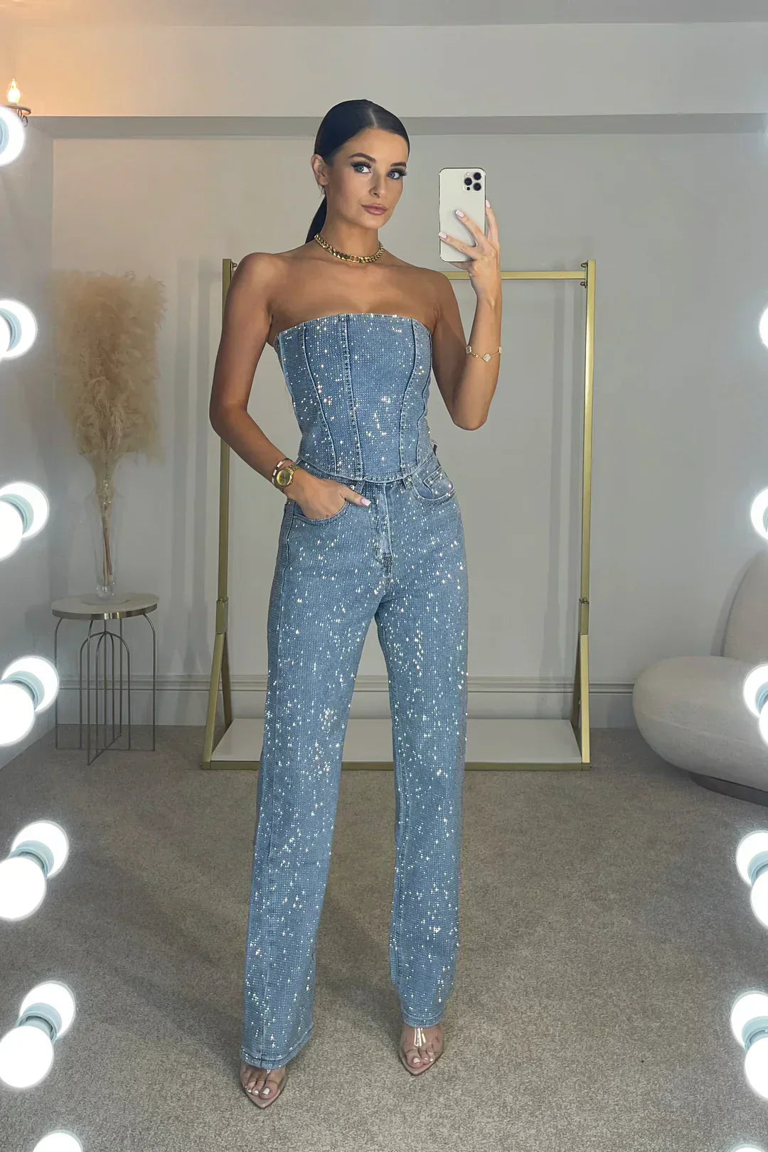 Women’s Two-Piece Set with Strapless Top and Full-Length Pants