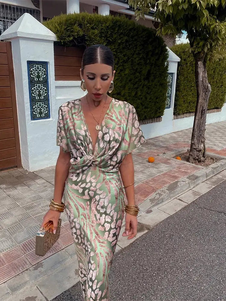 Women’s Wrap Dress with V-Neckline and Short Sleeves