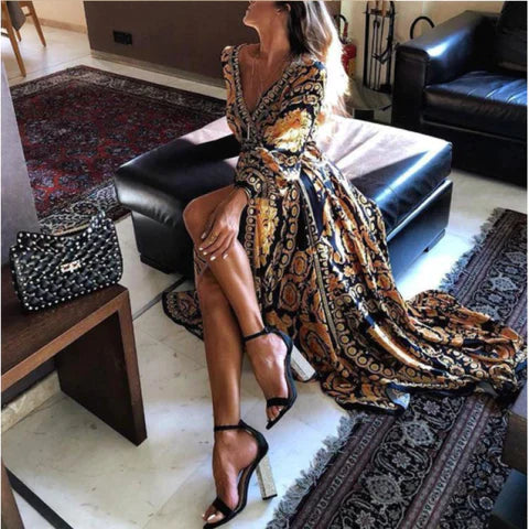Women’s Wrap Maxi Dress with V-Neckline and Tie Waist