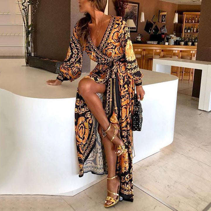 Women’s Wrap Maxi Dress with V-Neckline and Tie Waist