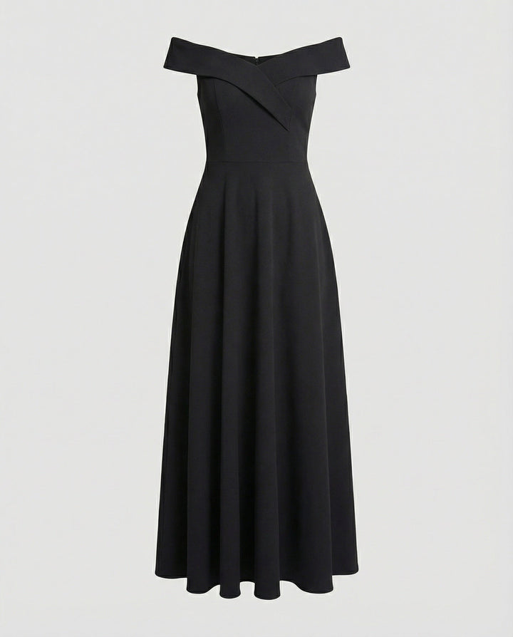 Women’s Off-Shoulder Dress with Folded Neckline and Long Skirt