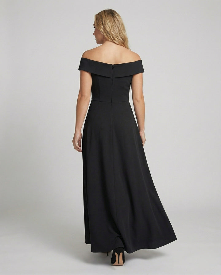 Women’s Off-Shoulder Dress with Folded Neckline and Long Skirt