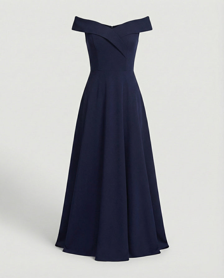 Women’s Off-Shoulder Dress with Folded Neckline and Long Skirt