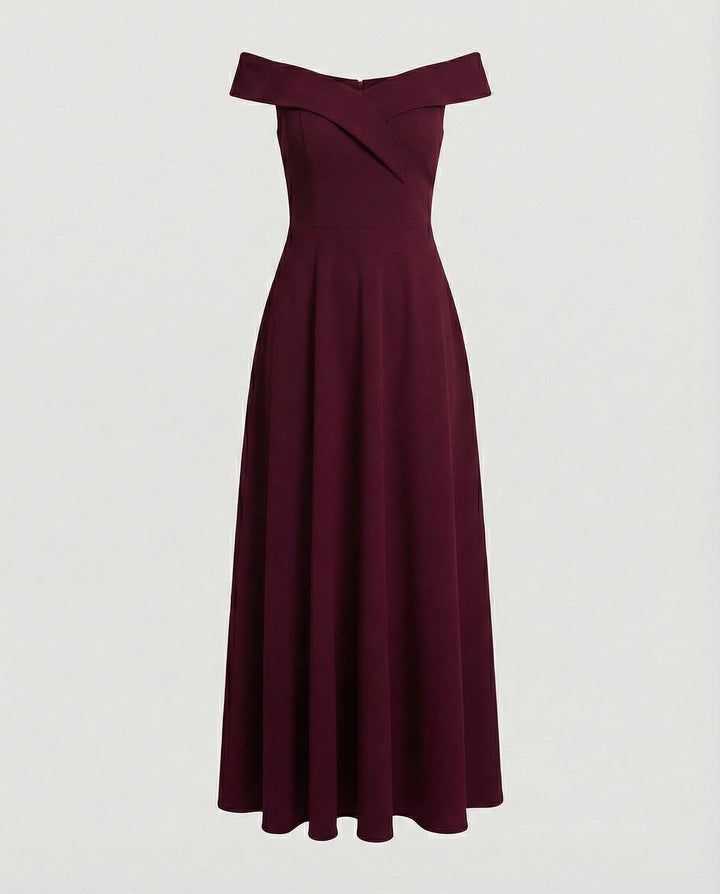 Women’s Off-Shoulder Dress with Folded Neckline and Long Skirt